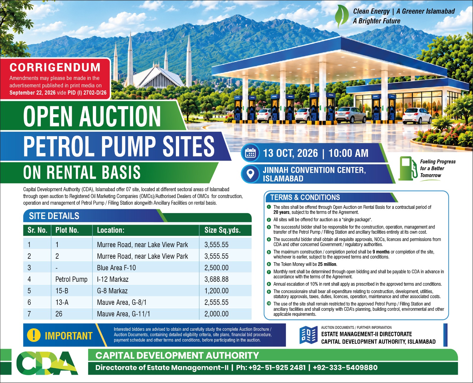 Capital Development Authority (CDA) Announces Open Auction of Petrol Pump Sites on Rental Basis for a Greener Islamabad
