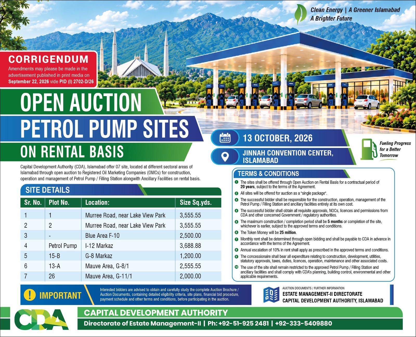 Capital Development Authority Announces Open Auctions for Prime Hotel and Petrol Pump Sites in Islamabad